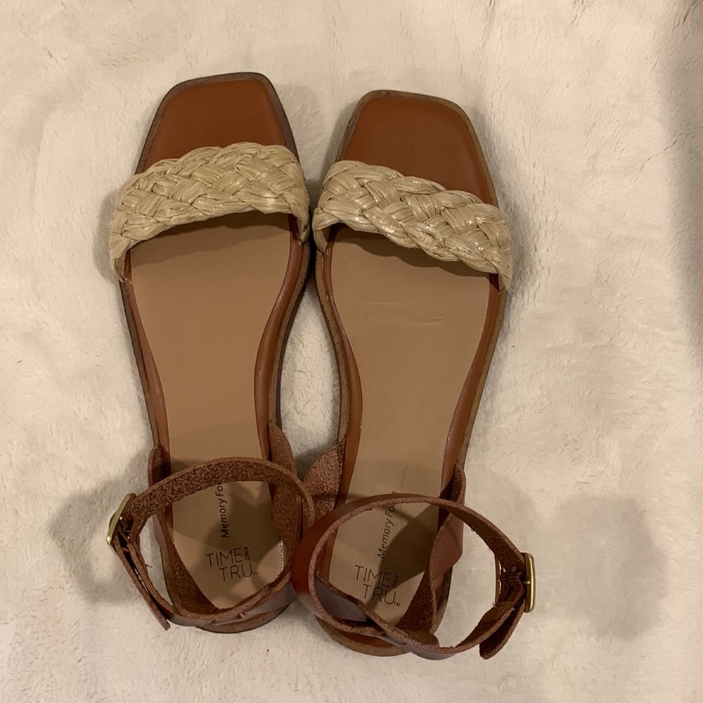 Rattan strap sandal with ankle buckle , gold hard wear